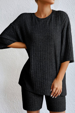 Black Soft Ribbed Loose Tee Slim Shorts 2pcs Sporty Set