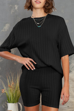 Black Soft Ribbed Loose Tee Slim Shorts 2pcs Sporty Set