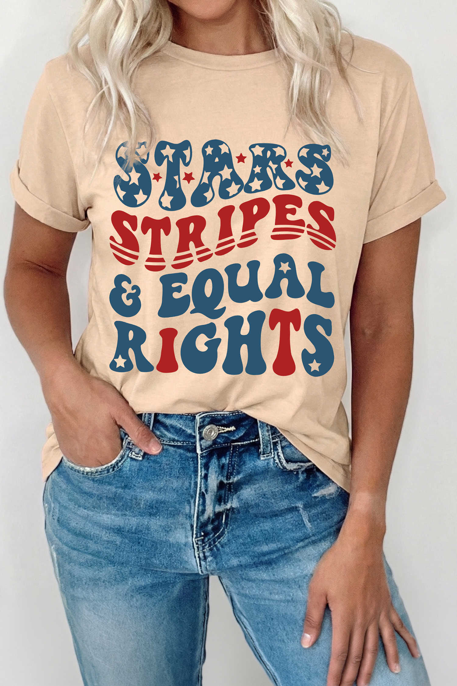 Khaki STARS STRIPES & EQUAL RIGHTS Retro 4th Of July T Shirt