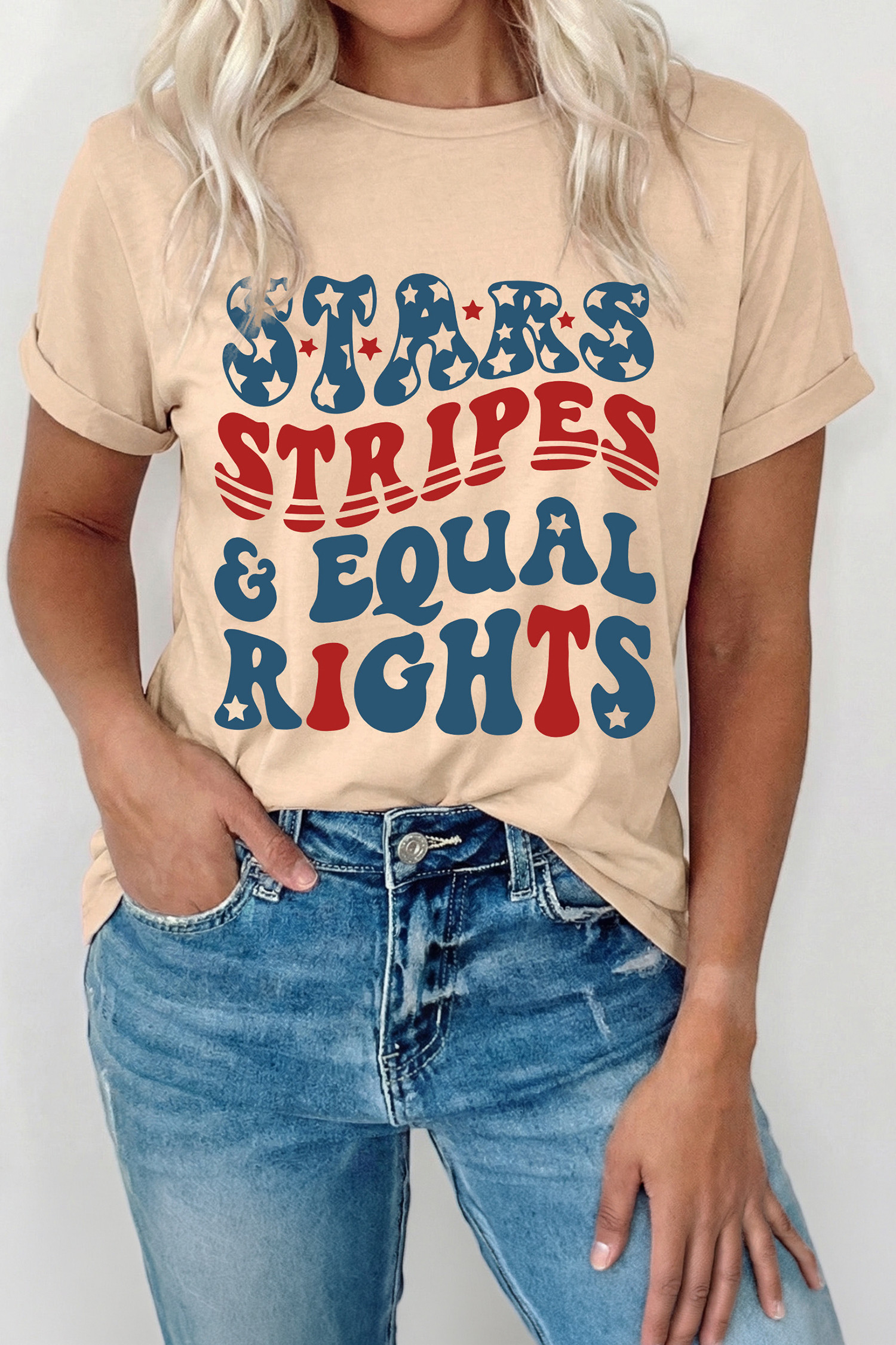 Khaki STARS STRIPES & EQUAL RIGHTS Retro 4th Of July T Shirt