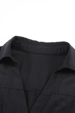 Black Short Sleeve Collared Smocked Waist Side Pocket Romper