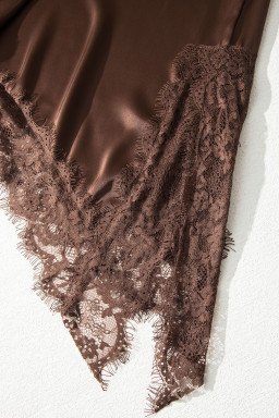 Coffee Asymmetric Lace Trim Short Sleeve Satin Top