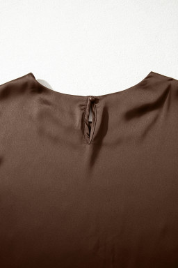 Coffee Asymmetric Lace Trim Short Sleeve Satin Top