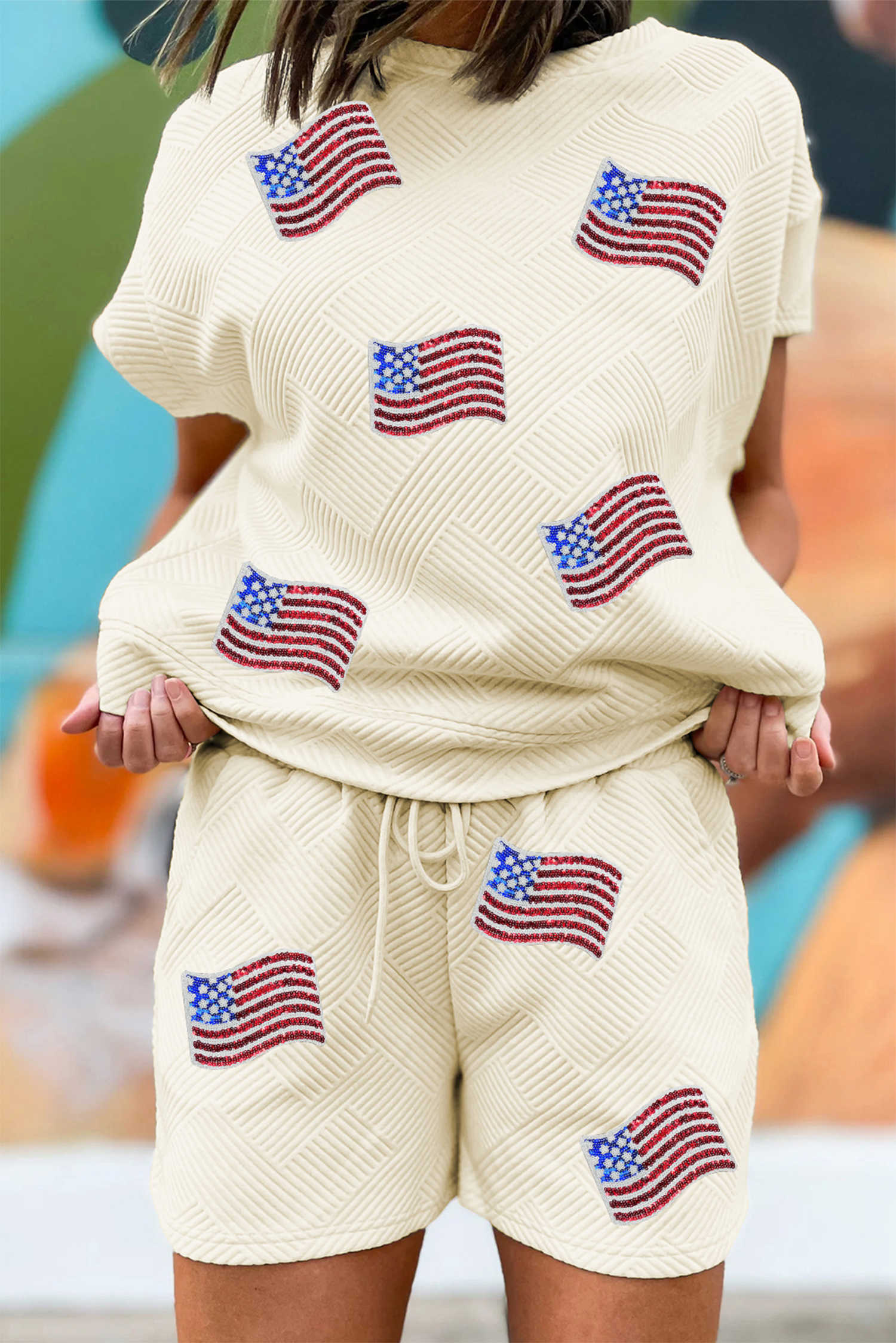 Apricot Quilted Texture Sequin Flag Patched Short 2pcs Outfit