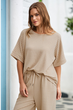 Oatmeal 3D Lattice Texture Sporty Dolman Top Drawstring Pants Set