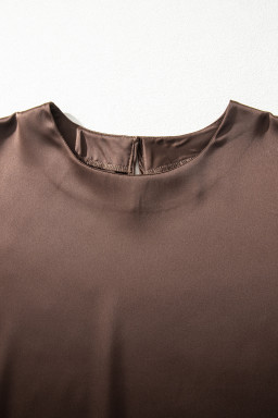 Coffee Asymmetric Lace Trim Short Sleeve Satin Top