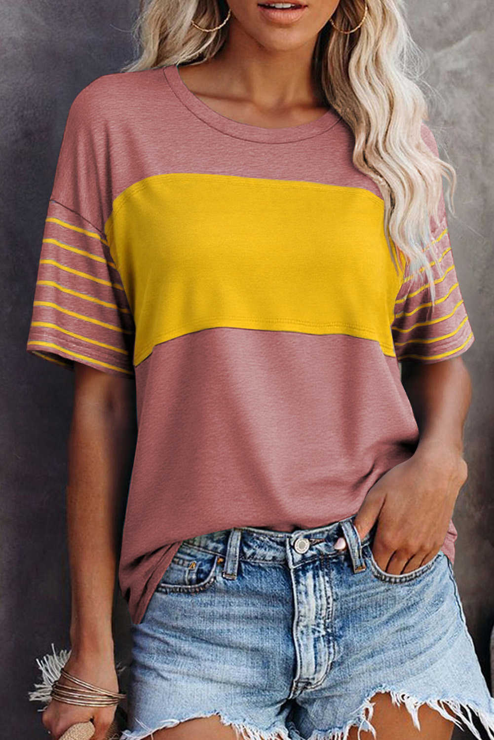 Red Dahlia Color Block Striped Detail Loose T Shirt