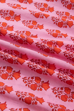 Pink Plus Size Floral Print Tassel Tie Puff Sleeve Cotton Blouse