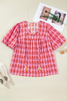 Pink Plus Size Floral Print Tassel Tie Puff Sleeve Cotton Blouse