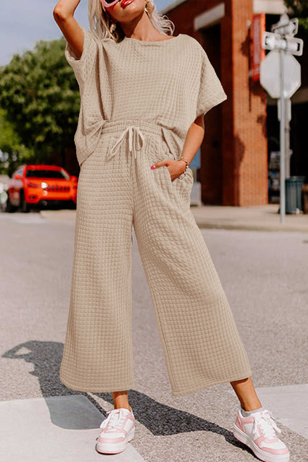 Oatmeal 3D Lattice Texture Sporty Dolman Top Drawstring Pants Set