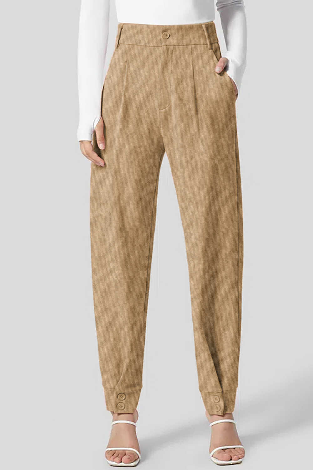 Light French Beige Textured Button High Waist Tapered Leg Work Pants