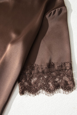 Coffee Asymmetric Lace Trim Short Sleeve Satin Top