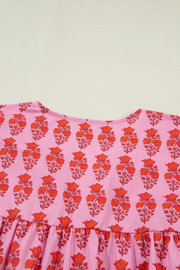 Pink Plus Size Floral Print Tassel Tie Puff Sleeve Cotton Blouse