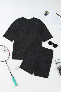 Black Soft Ribbed Loose Tee Slim Shorts 2pcs Sporty Set