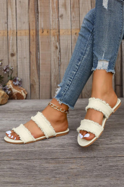 White Linen Frayed Trim Double Band Flat Slippers