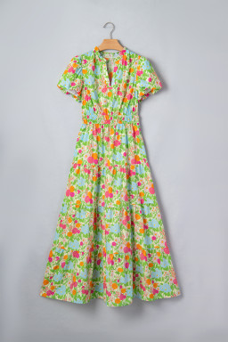 Green Floral Print V Neck Short Puff Sleeve Cotton Maxi Dress