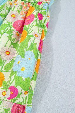 Green Floral Print V Neck Short Puff Sleeve Cotton Maxi Dress