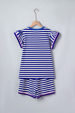 Blue Stripe Contrast Trim Cap Sleeve Top Casual Shorts 2pcs Set