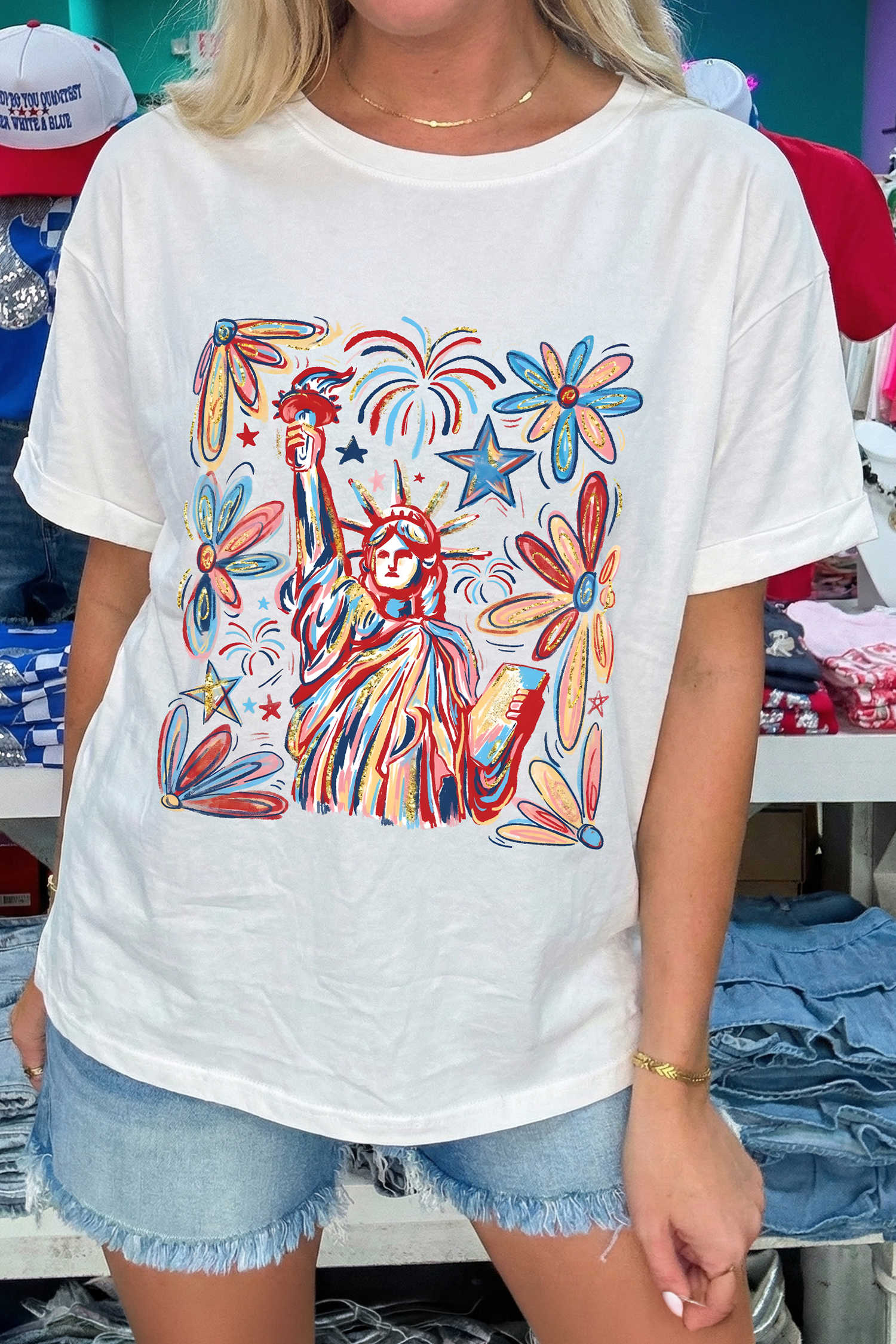 White Patriotic Statue of Liberty Fireworks Printed T Shirt