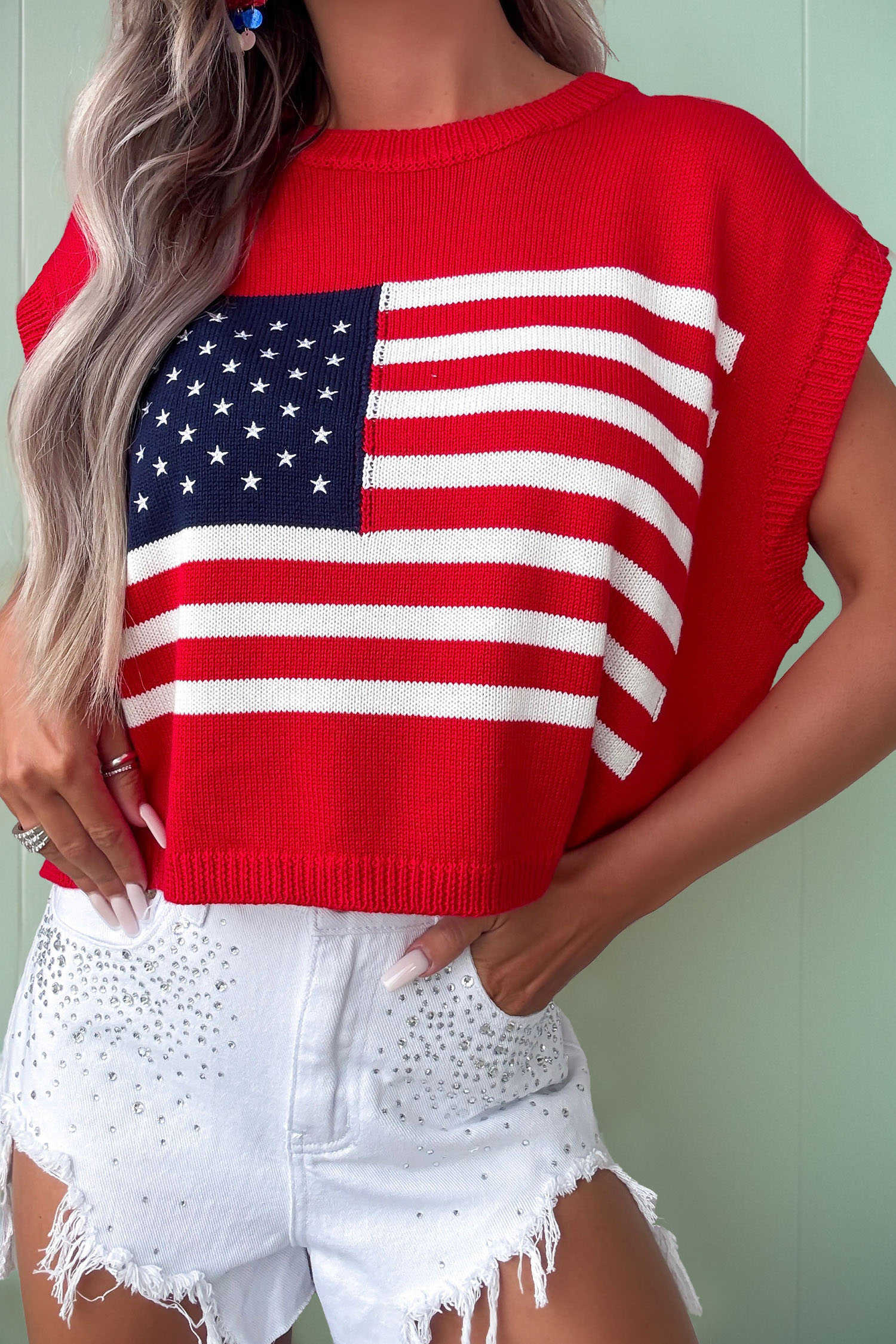 Fiery Red Stars and Stripes Dolman Short Sleeve Sweater