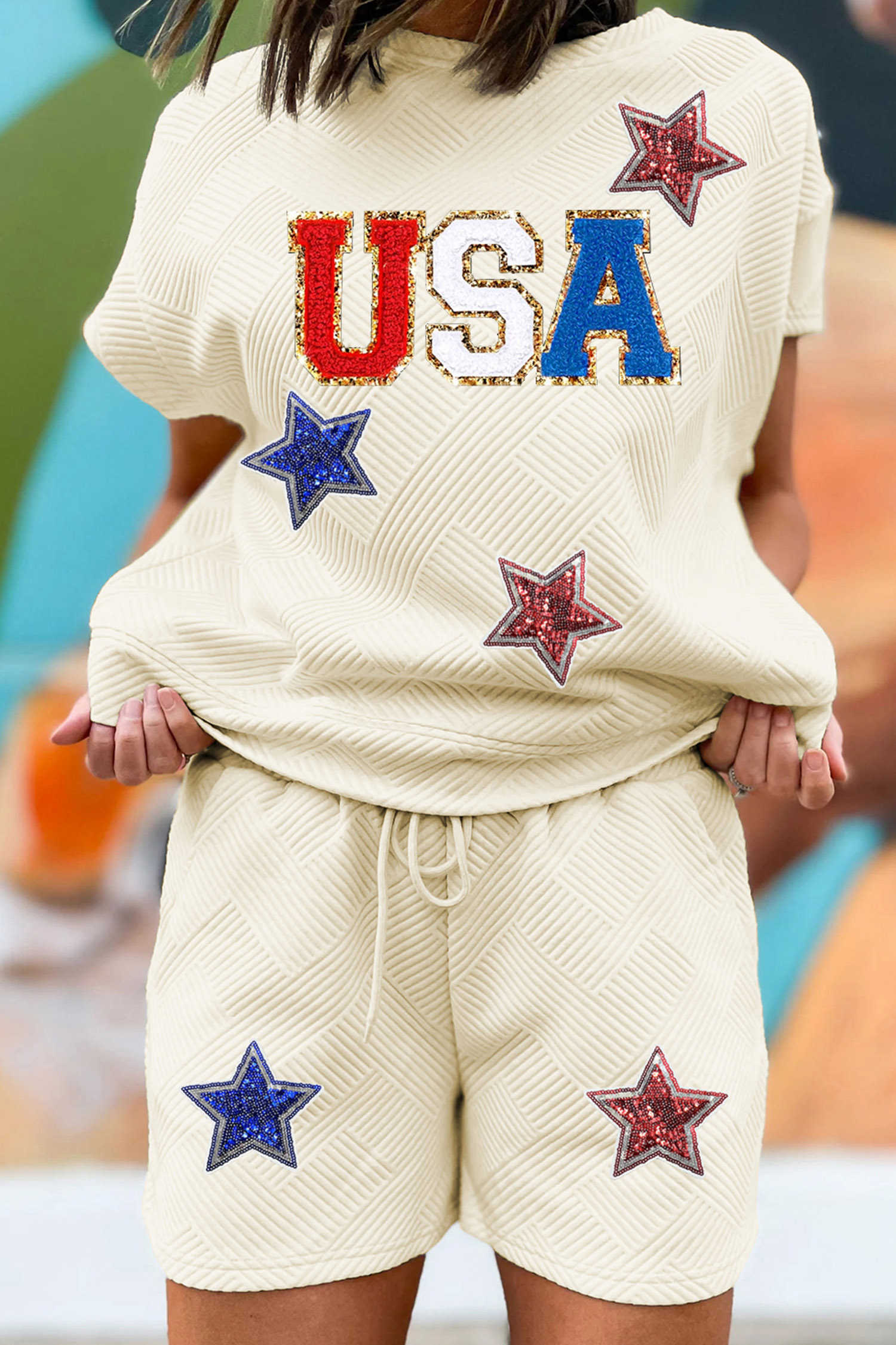 Apricot USA Star Patched Graphic Textured Short Set