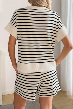 Black Stripe Ribbed Color Block Trim Zip Polo Tee Drawstring Shorts 2pcs Outfit