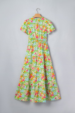 Green Floral Print V Neck Short Puff Sleeve Cotton Maxi Dress