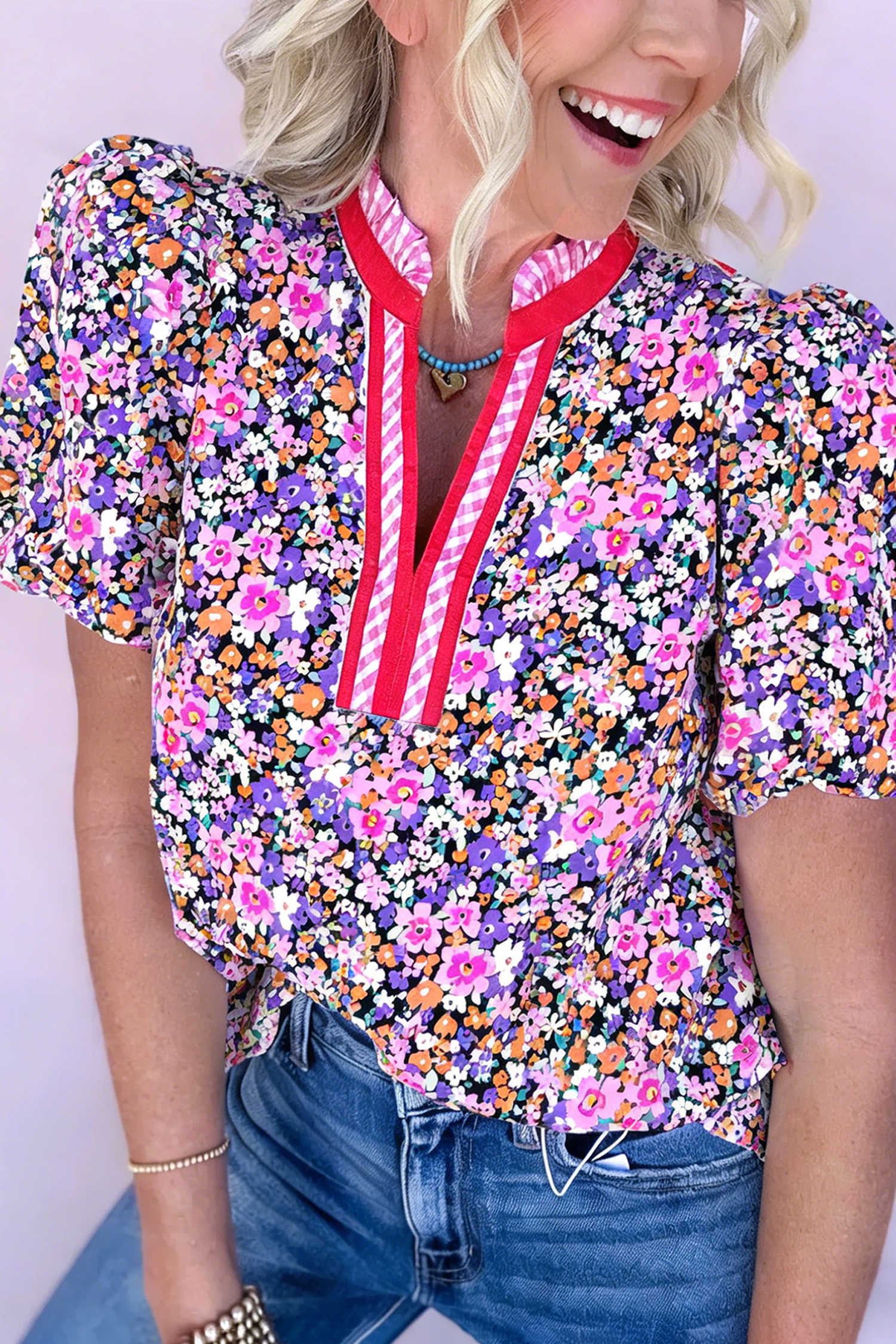 Purple Ditsy Floral Print Plaid Colorblock Trim V Neck Blouse
