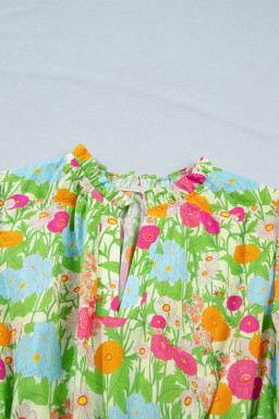 Green Floral Print V Neck Short Puff Sleeve Cotton Maxi Dress