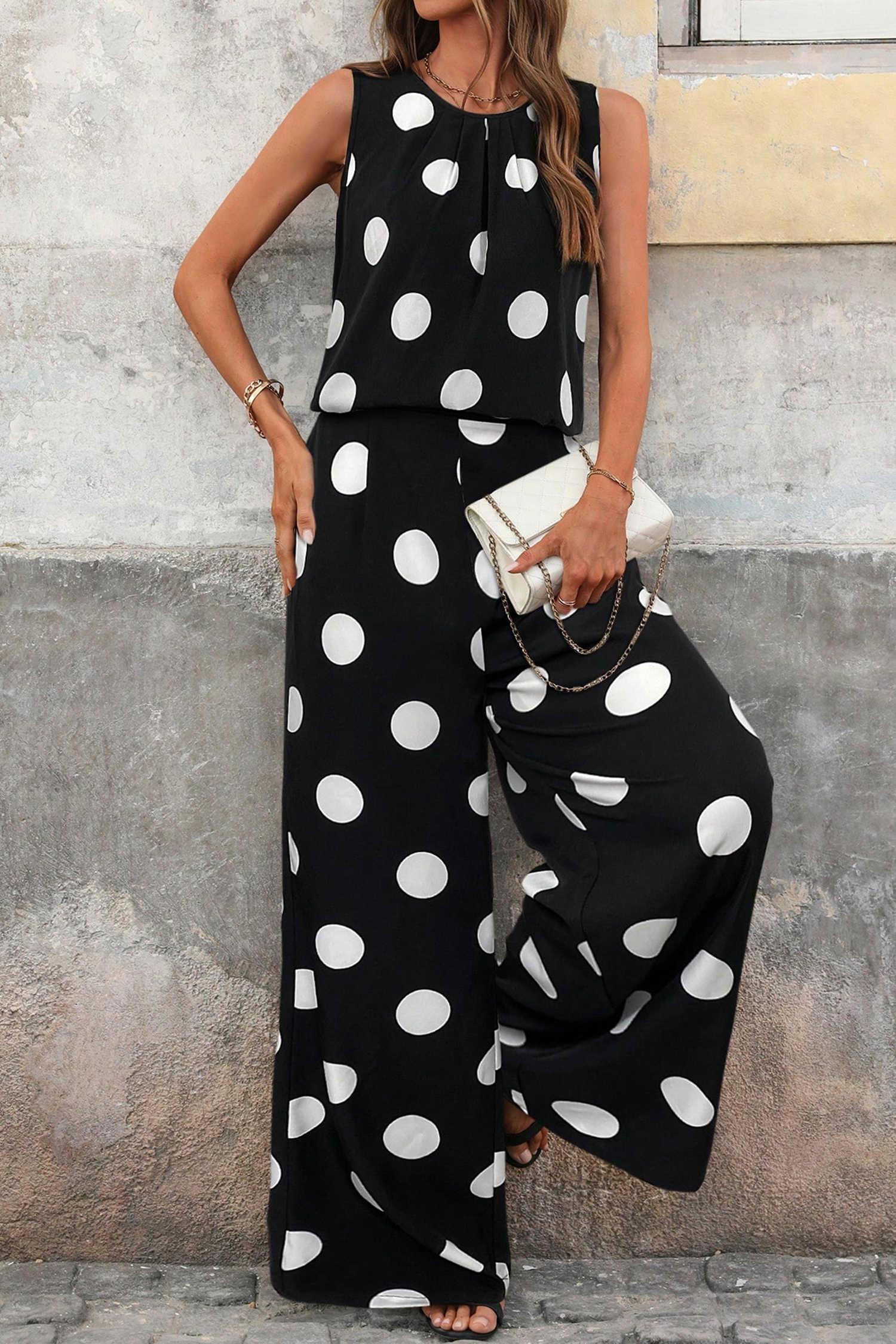 Black Polka Dot Print Pleated Round Neck Tank Casual Wide Leg Two-Piece Outfit