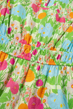 Green Floral Print V Neck Short Puff Sleeve Cotton Maxi Dress