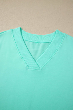 Mint Green V Neck Short Sleeve Top Drawstring Shorts 2pcs Set