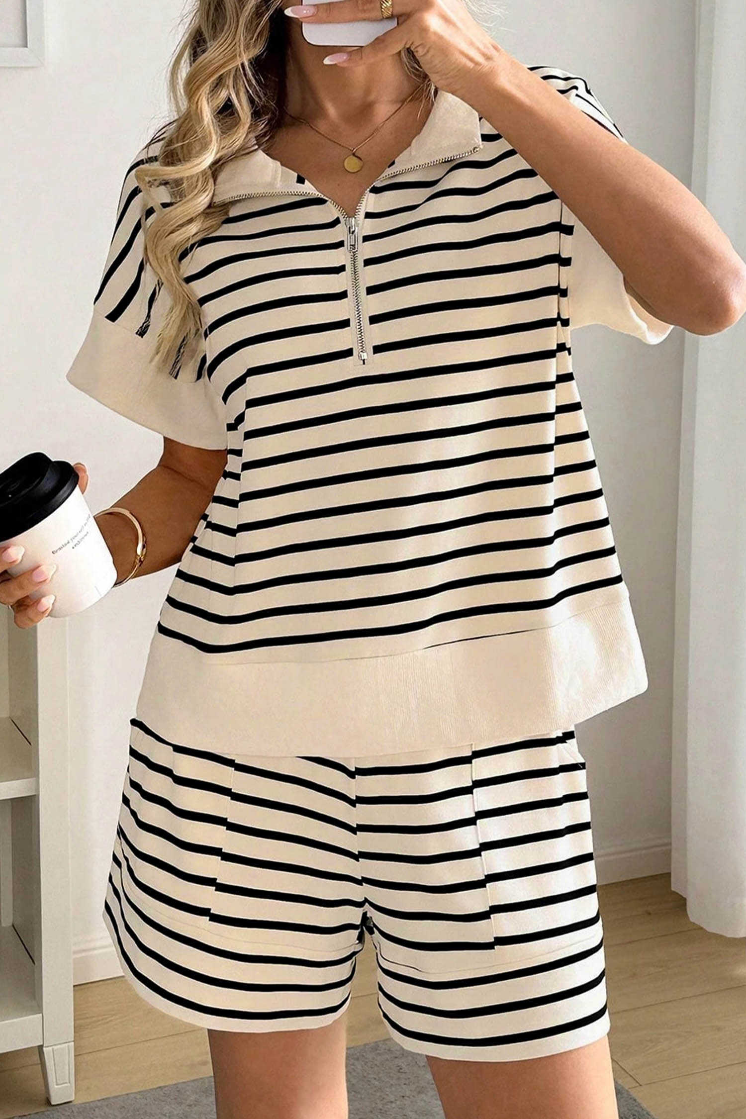 Black Stripe Ribbed Color Block Trim Zip Polo Tee Drawstring Shorts 2pcs Outfit