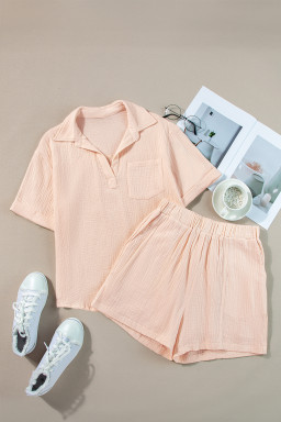 Parchment Crinkle Textured Polo Shirt and High Waist Shorts Set