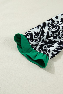 Black Damask Print Ruffled Color Block Detail Half Sleeve Blouse