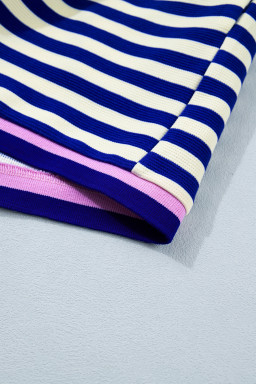 Blue Stripe Contrast Trim Cap Sleeve Top Casual Shorts 2pcs Set