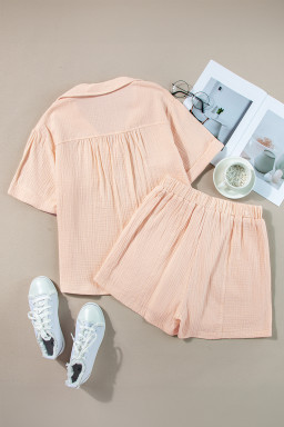 Parchment Crinkle Textured Polo Shirt and High Waist Shorts Set