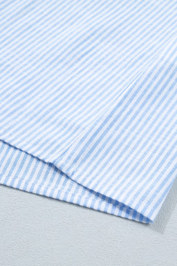 Sky Blue Stripe Leopard Contrast Collar Short Sleeve Shirt