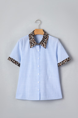 Sky Blue Stripe Leopard Contrast Collar Short Sleeve Shirt