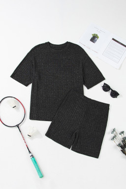Black Soft Ribbed Loose Tee Slim Shorts 2pcs Sporty Set