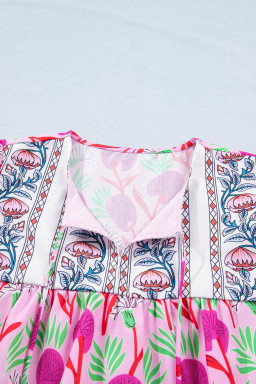Pink Floral Print Short Sleeve Contrast Patchwork Tassel Tie Blouse