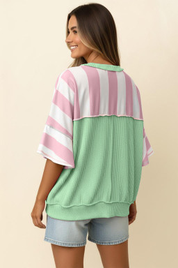 Pink Stripe Exposed Seam Ribbed Patchwork Oversized Tee