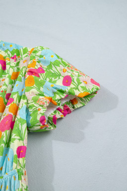 Green Floral Print V Neck Short Puff Sleeve Cotton Maxi Dress