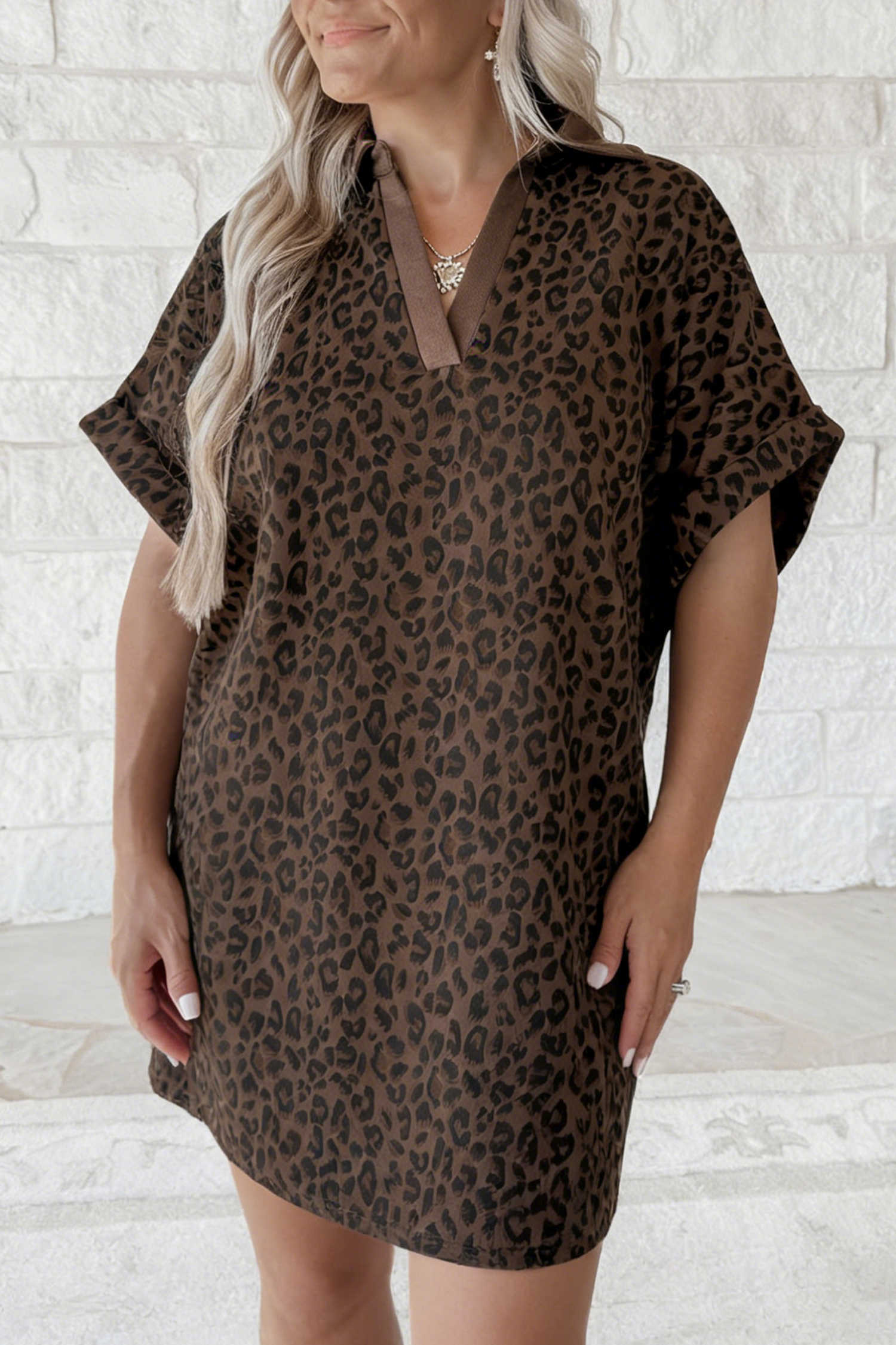 Brown Leopard Print Contrast Collar V Neck Rolled Short Sleeve Loose Mini Dress