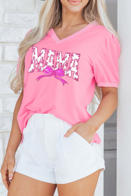 Bonbon Floral MAMA Lettering Sequin Bow V Neck Top