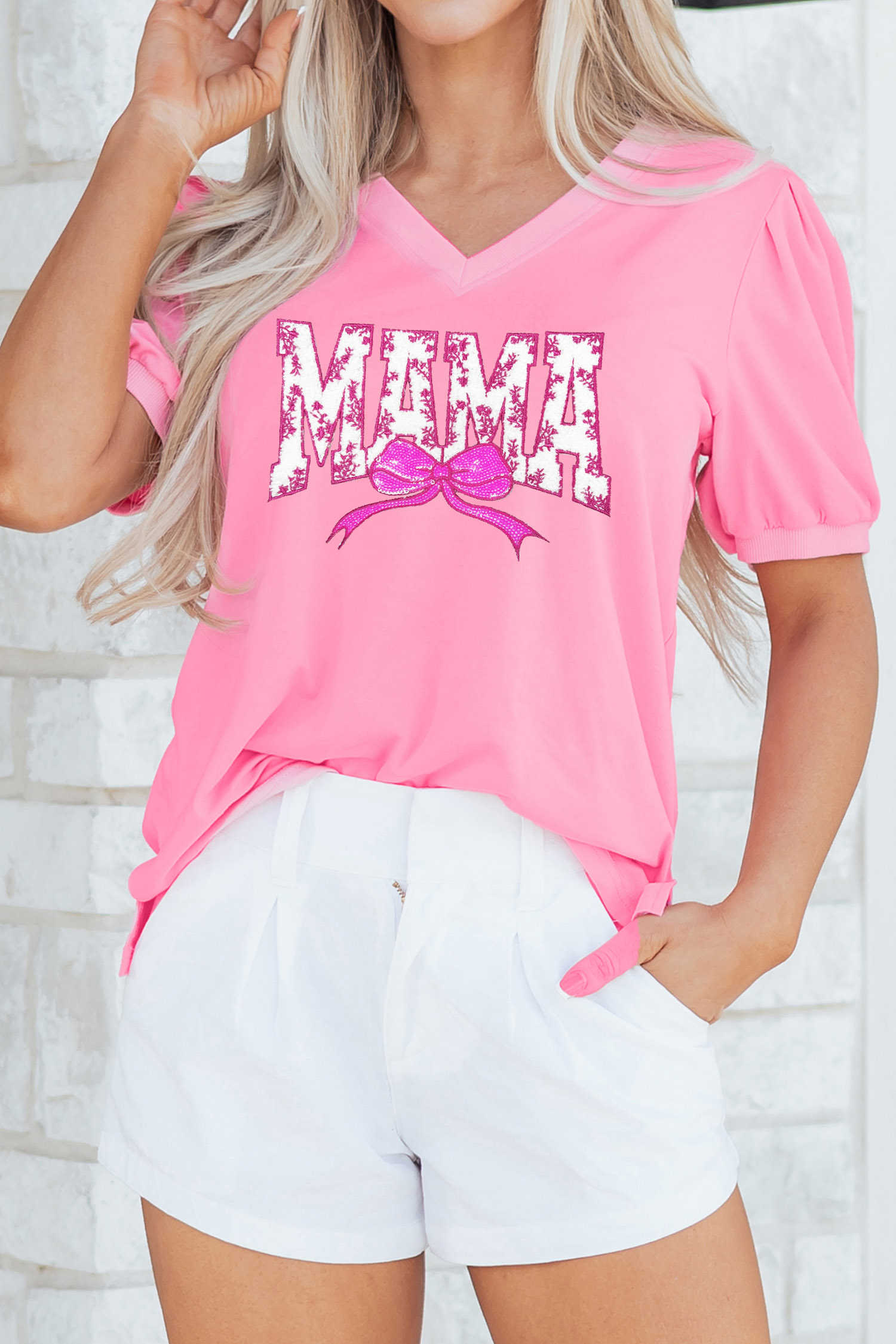 Bonbon Floral MAMA Lettering Sequin Bow V Neck Top
