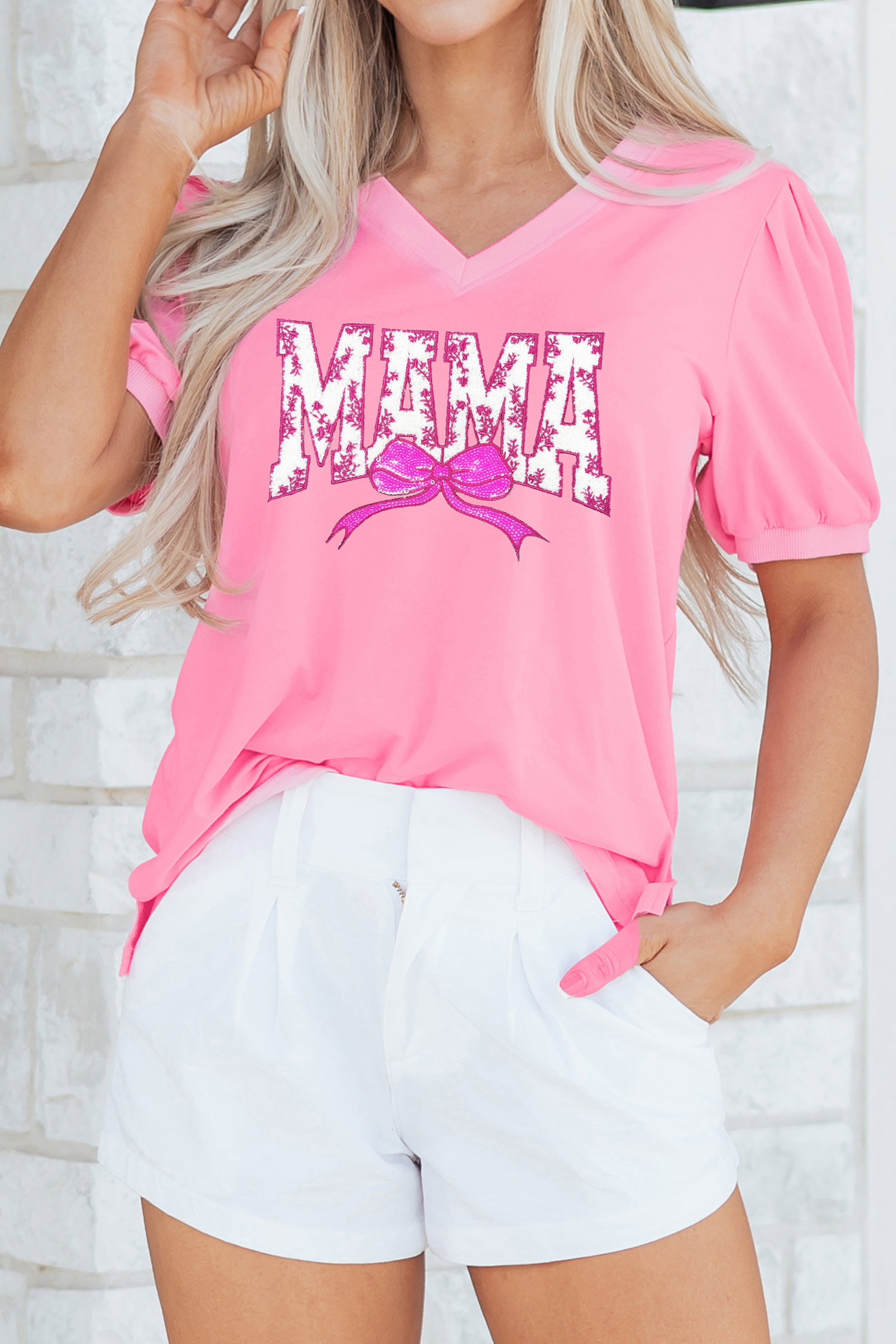 Bonbon Floral MAMA Lettering Sequin Bow V Neck Top
