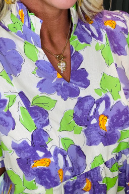 Purple Floral V Collar Short Sleeve Tiered Ruffle Mini Dress