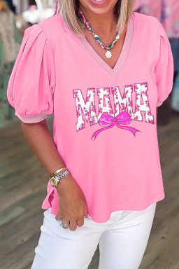 Bonbon Floral MAMA Lettering Sequin Bow V Neck Top
