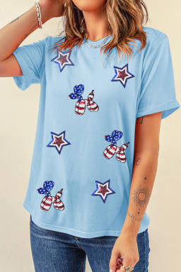 Light Blue American Flag Inspired Sequined Pattern Crewneck Tee